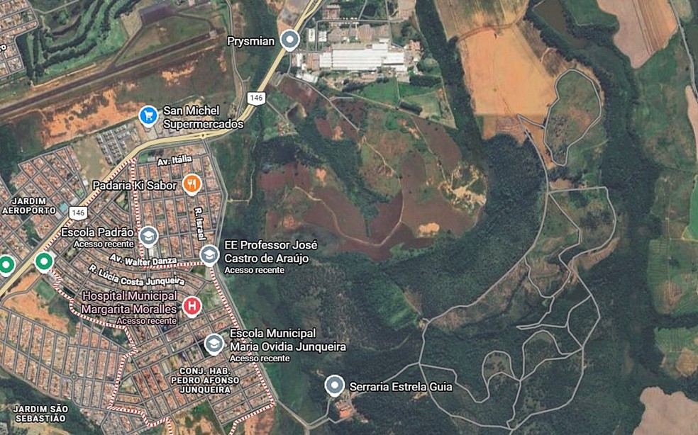 Mina de terras raras será instalada ao lado de bairro de Poços de Caldas — Foto: Reprodução Google Maps