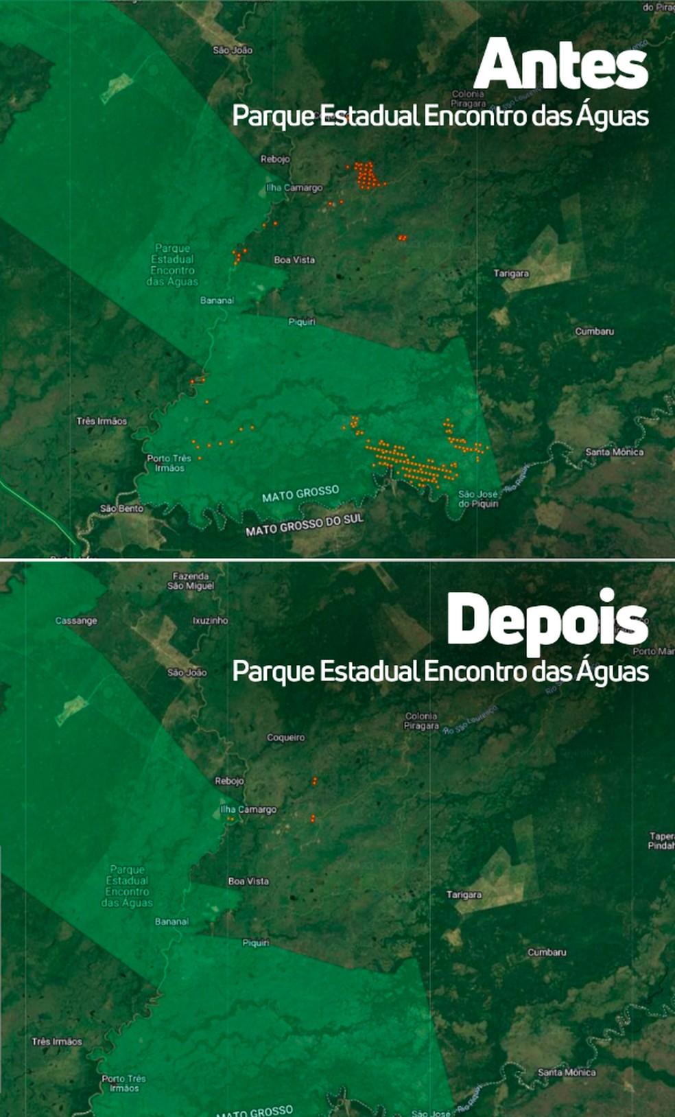 Imagens de satélite mostram redução dos focos de calor no Pantanal — Foto: Corpo de Bombeiros