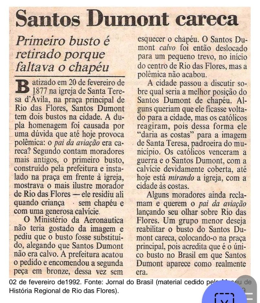 Jornal do Brasil especula motivo da troca do busto de Santos Dumont — Foto: Arquivo/Museu de História Regional de Rio das Flores