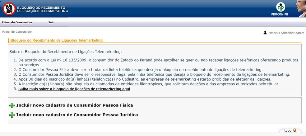 Site do Cadastro para Bloqueio do Recebimento de Ligações de Telemarketing — Foto: Reprodução