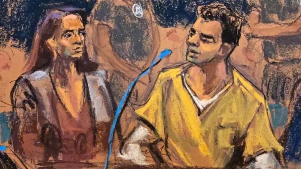 Ilustrações feitas no tribunal em Nova York mostram Luigi Mangione ao microfone — Foto: Reuters