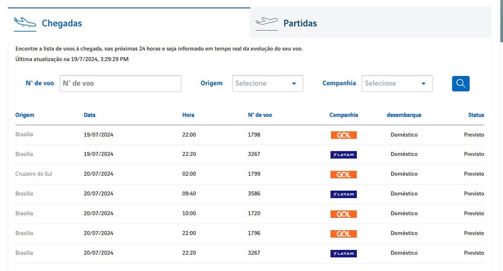 Voos seguem sem alteração no site do aeroporto de Rio Branco — Foto: Reprodução