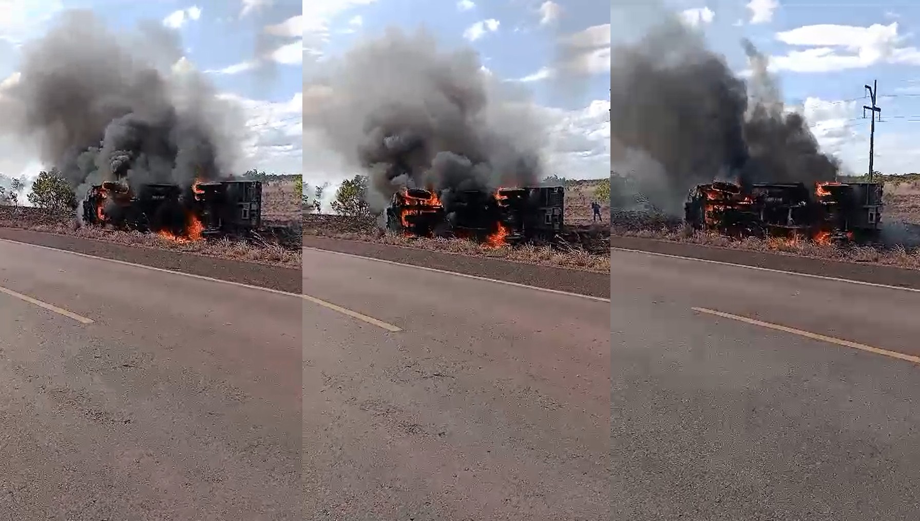 Caminhão do Exército tomba e pega fogo em rodovia que dá acesso à fronteira com a Guiana
