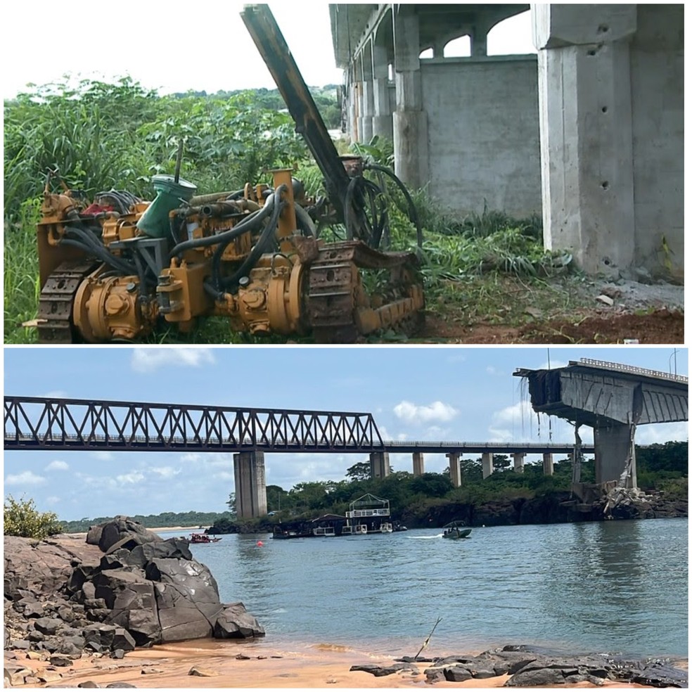 Acima a estrutura da ponte recebe buracos para explosivos e abaixo a ponte após a queda do vão central  — Foto: TV Mirante/Ana Paula Rehbein/TV Anhanguera