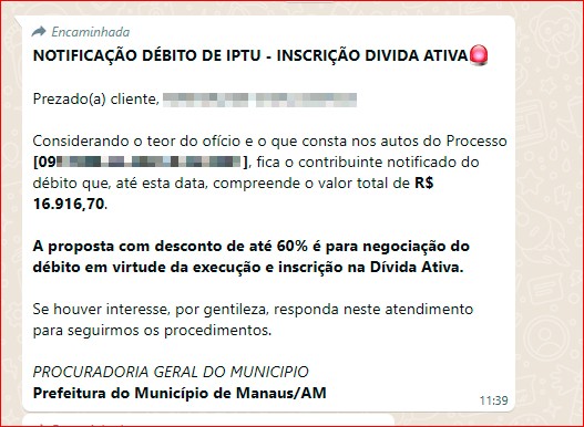 Semef alerta sobre golpe que oferece desconto de tributos via aplicativos de mensagens, em Manaus