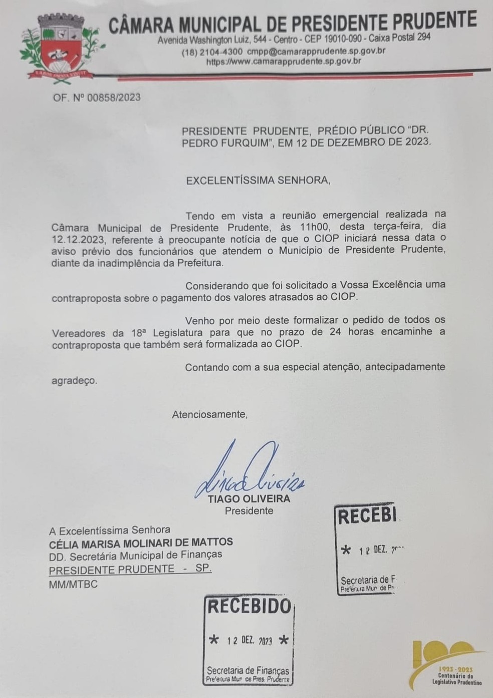 COPASA, Responde ofício enviado pelo Presidente da Câmara