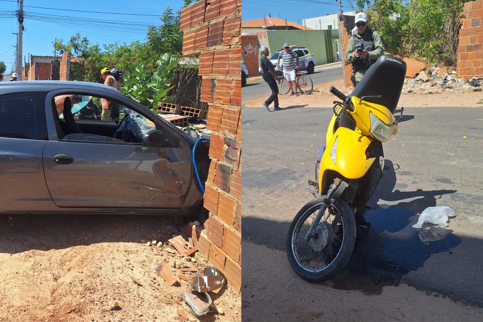 Acidente entre carro e moto deixa feridos no litoral do Piauí; veículo derrubou muro de casa