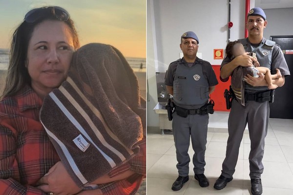 Advogada Glauce Abdalla (à esq.) e policiais militares, sendo um deles o PM Raphael Freitas (à dir.), ajudaram a resgatar a criança — Foto: Arquivo pessoal