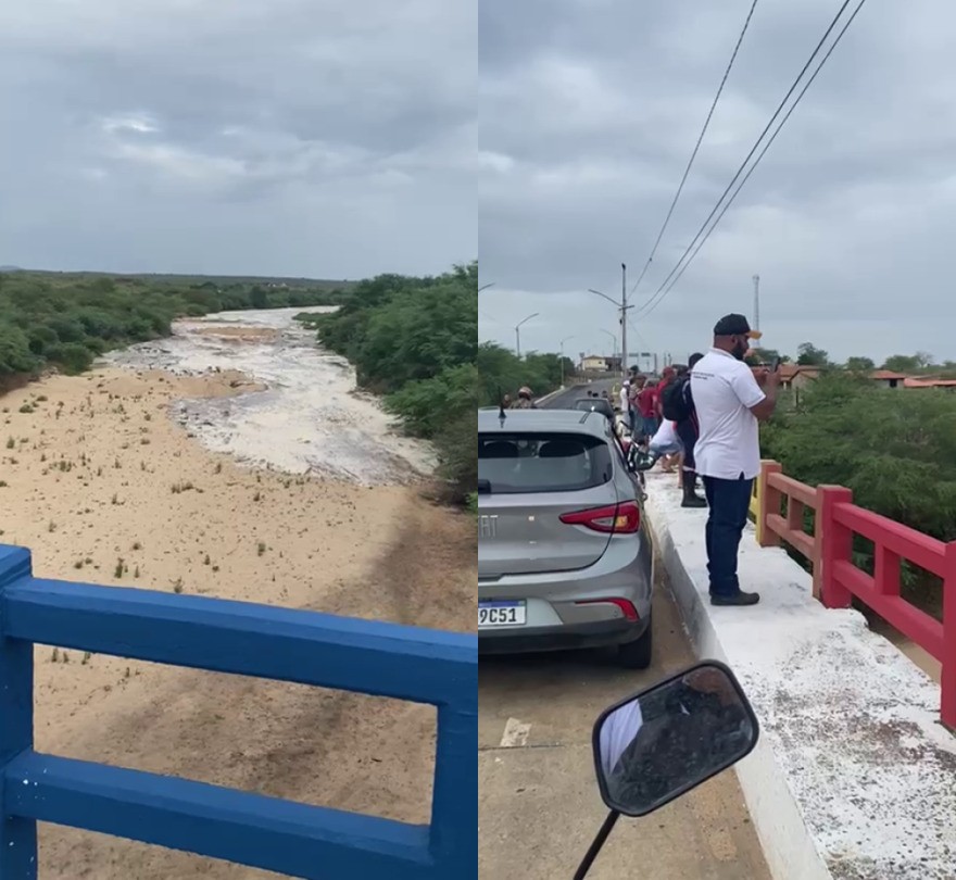 Após chuvas, moradores se reúnem em ponte para assistir o Rio Taperoá enchendo no Cariri da PB