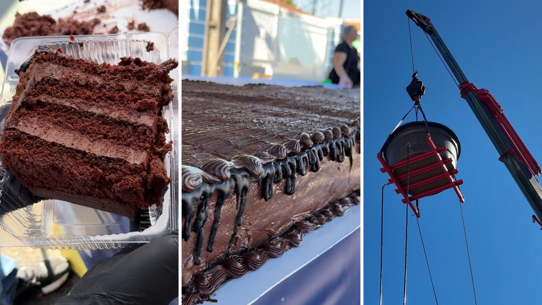 Confeiteira do Paraná faz bolo gigante de 2 toneladas e despeja 600 litros de calda com ajuda de mangueiras, caixa d'água e guindaste  