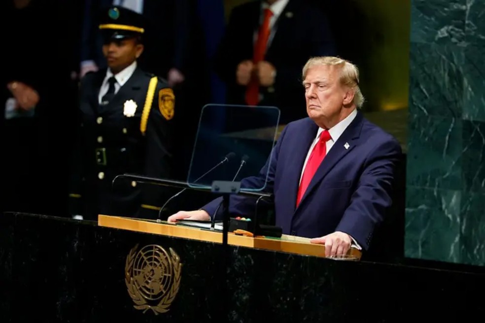 Ao falar na ONU sobre a relação com a Venezuela após a captura de Maduro, Trump afirmou: 'Ao vencedor cabem os despojos' — Foto: Getty Images