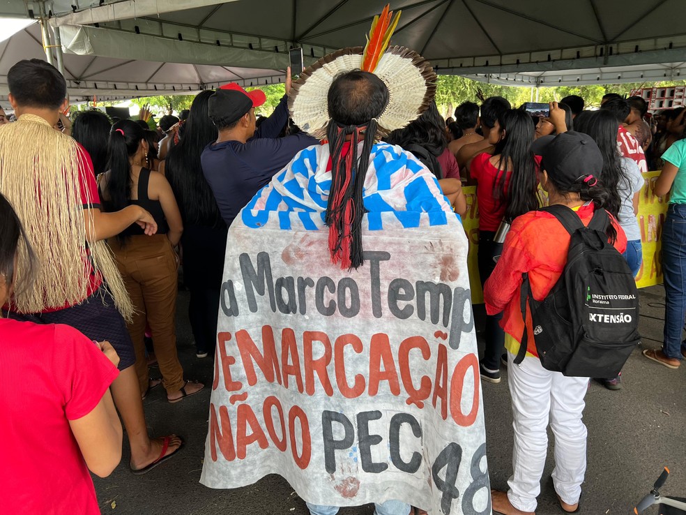 Indígenas pedem que o Marco Temporal não seja aprovado em Boa Vista — Foto: Caíque Rodrigues/g1 RR