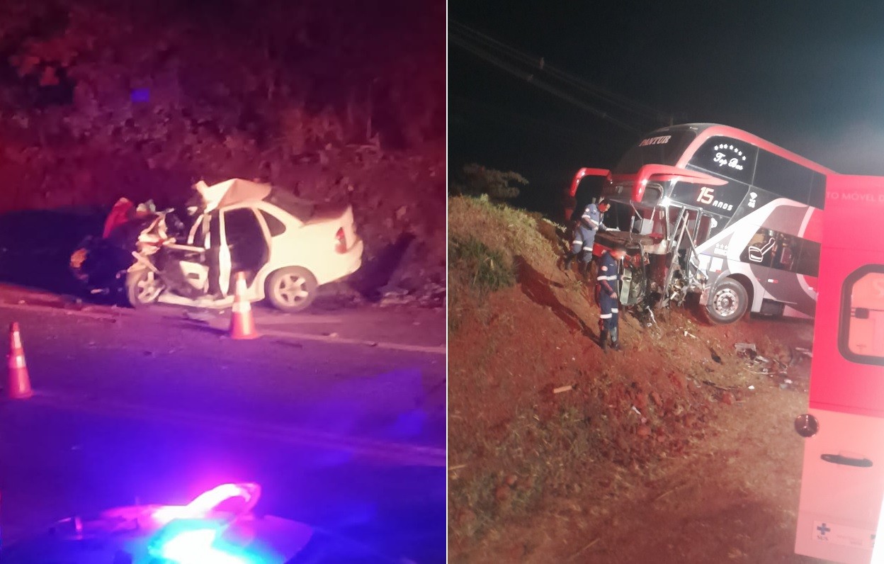 Acidente entre carro e ônibus de passageiros deixa mortos e feridos na Raposo Tavares em Itapetininga
