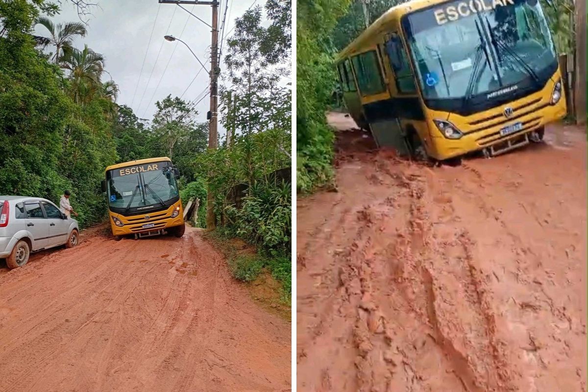 Chuvas: ônibus escolar com alunos e monitora atola em estrada de Ubatuba, no Litoral Norte de SP