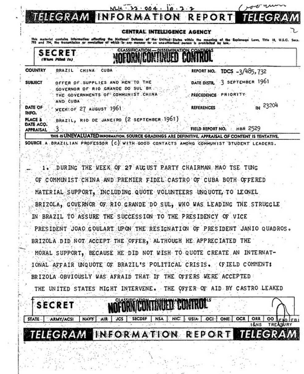 Telegrama da CIA que relata que Brizola recusou ajuda de China e Cuba — Foto: Reprodução