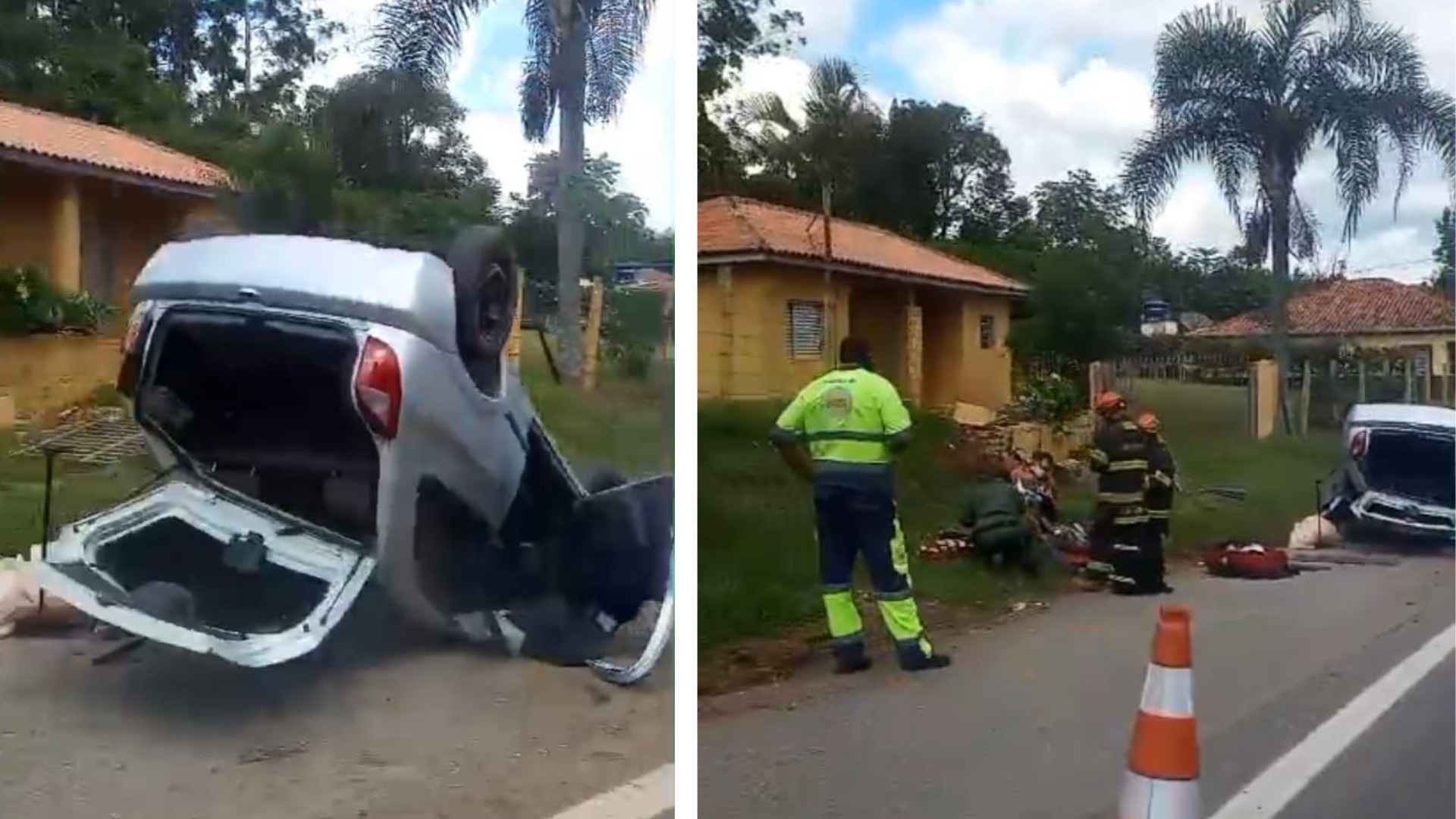 Mulher morre e homem fica gravemente ferido após carro capotar bater contra mureta e capotar 
