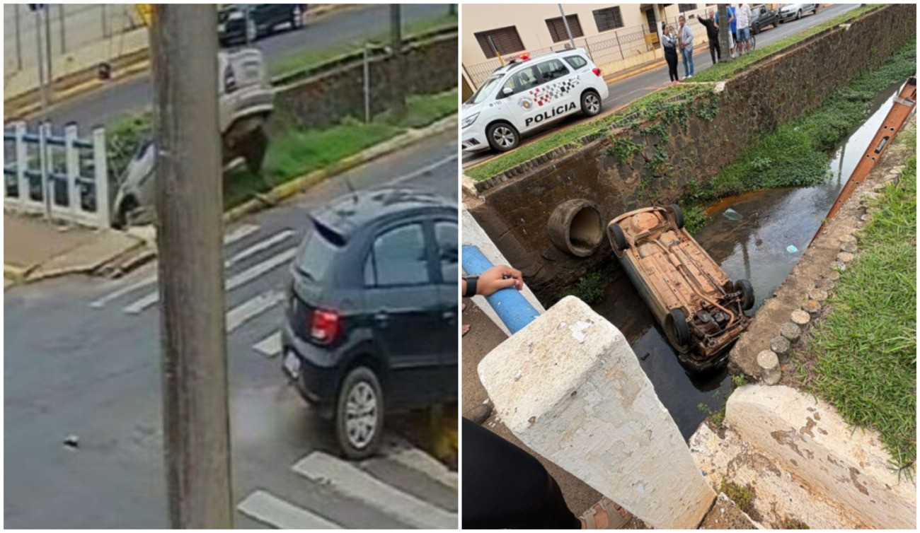 VÍDEO: carro cai em córrego após acidente de trânsito no interior de SP; mulher é socorrida