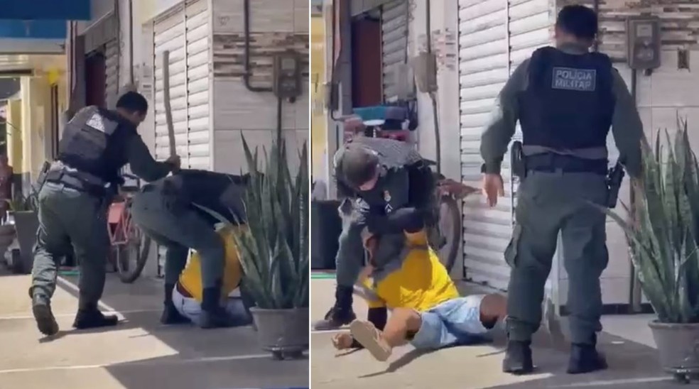 Homem é agredido por policiais militares com spray de pimenta no rosto e pancadas de madeira no braço. — Foto: Reprodução/TV Verdes Mares