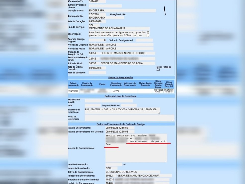 Documento mostra que problema de vazamento não era de responsabilidade do Saae de Sorocaba (SP) — Foto: Reprodução