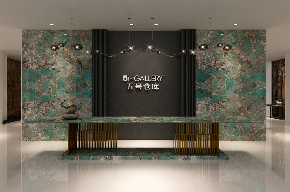 Galeria de arte na China usa a pedra brasileira "Amazonita"; o valor de um bloco pode chegar a R$ 1 milhão. — Foto: Divulgação