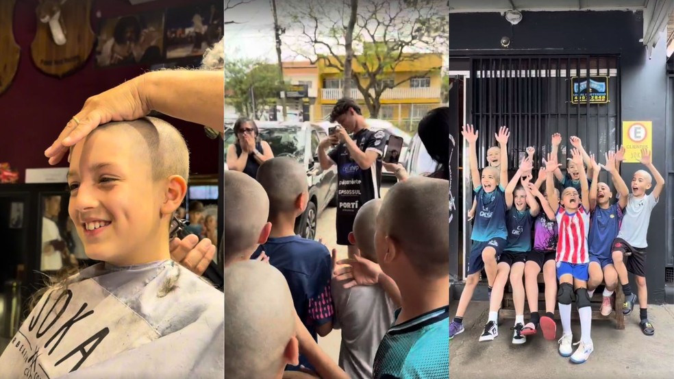 Amigos rasparam a cabeça e fizeram uma ligação de vídeo para Lucas — Foto: Arquivo pessoal
