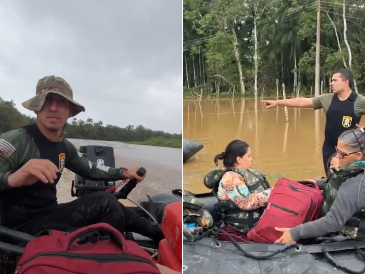 PM enfrenta correnteza por mais de quatro horas para resgatar famílias ilhadas em Iguape; VÍDEO
