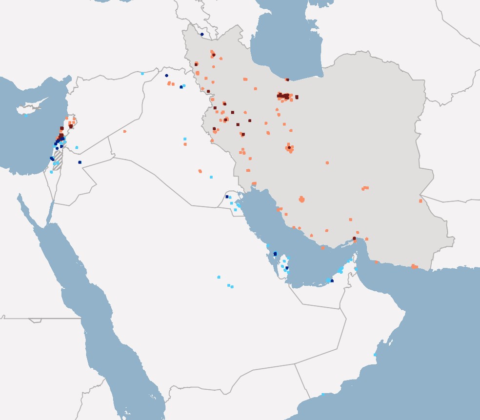 Mapa mostra ataques aéreos dos EUA e de Israel e ações retaliatórias do Irã, do Hezbollah e de milícias iraquianas — Foto: Fonte: Instituto para o Estudo da Guerra e Projeto Critical Threats do American Enterprise Institute for Public Policy Research (AEI) | 5º de Março de 2026 via DW