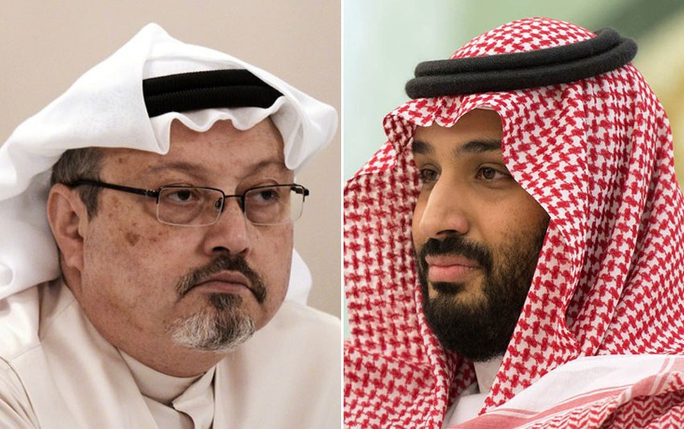 Montagem com fotos do jornalista Jamal Khashoggi e o príncipe Mohammed bin Salman — Foto:  Mohammed al-Shaikh/AFP; Bandar Algaloud/Media Office Of Mohammed Bin Salman/AFP
