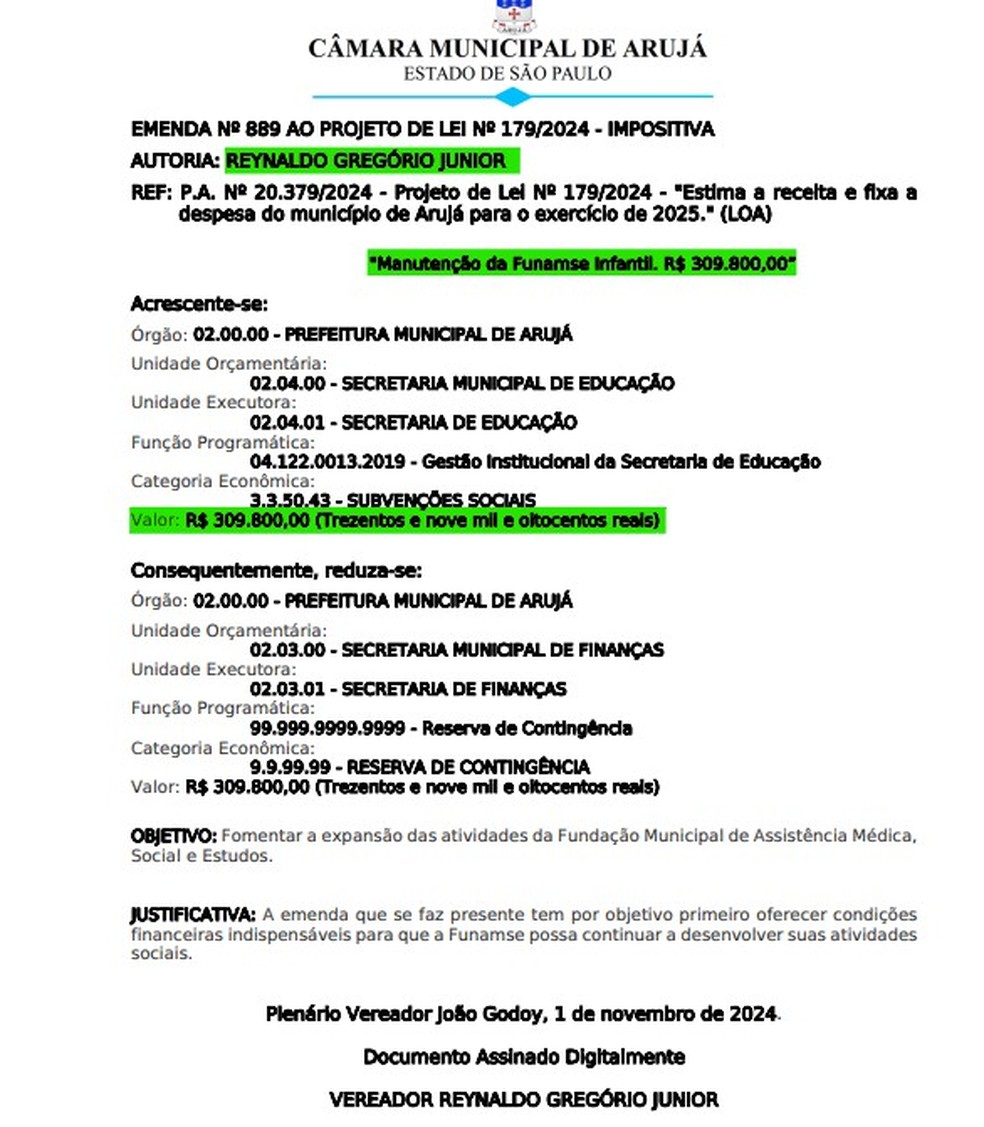 Emenda de vereador Reynaldinho destinou cerca de R$ 310 mil a funda&ccedil;&atilde;o presidida pelo filho &mdash; Foto: Reprodu&ccedil;&atilde;o/C&acirc;mara Municipal de Aruj&aacute;