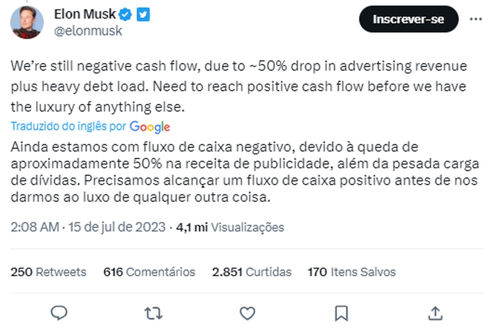 Elon Musk admite que Twitter teve queda de anúncios em sua gestão — Foto: Reprodução/Twitter