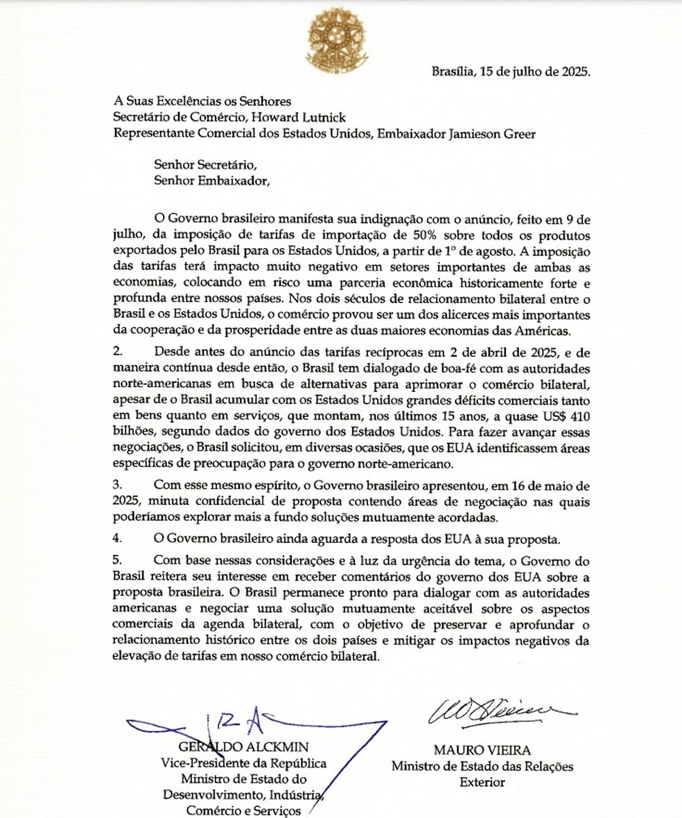 A carta enviada pelo governo brasileiro aos Estados Unidos — Foto: Reprodução