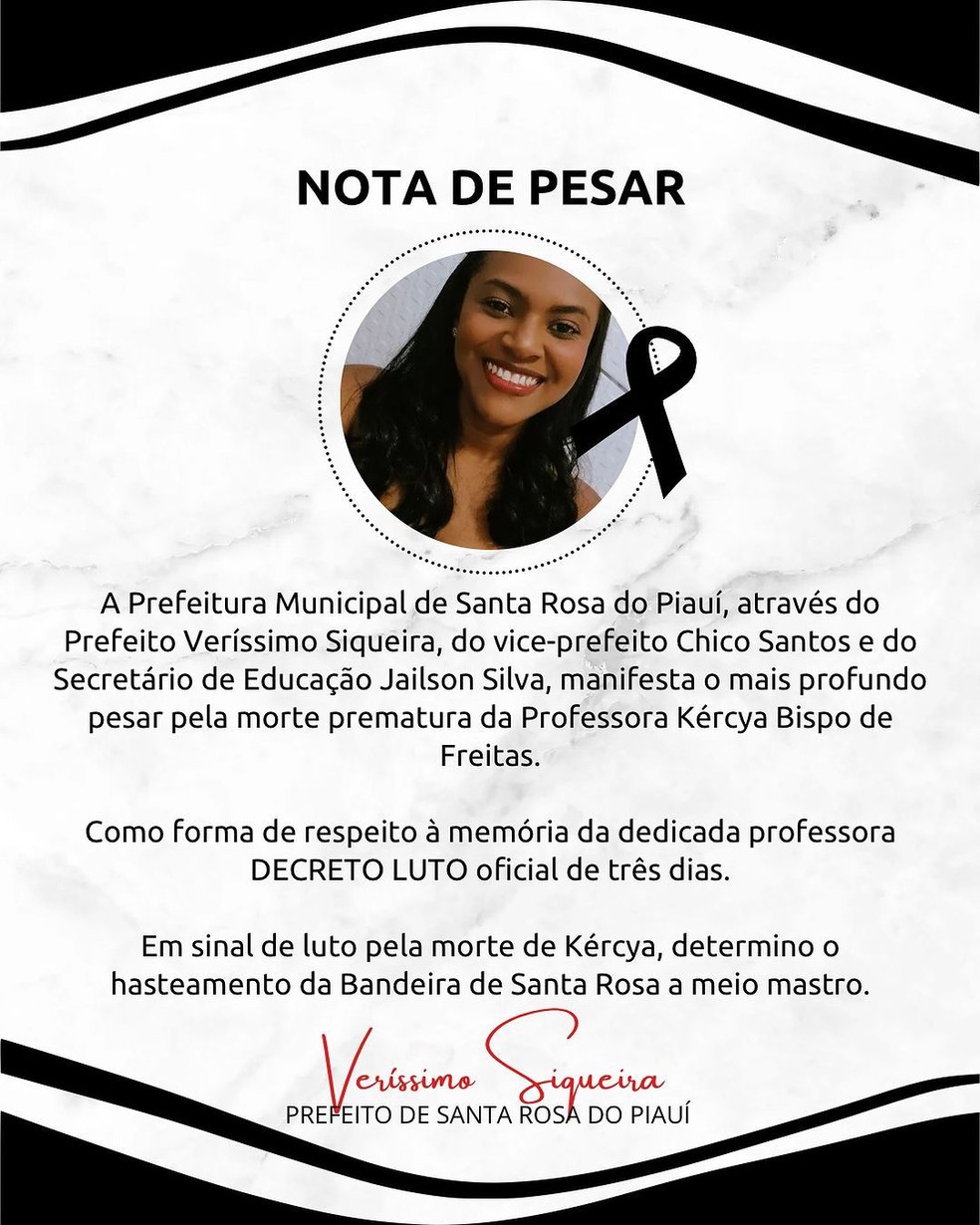 Professora passa mal em academia e morre dois dias após sofrer aneurisma — Foto: Prefeitura de Santa Rosa do Piauí