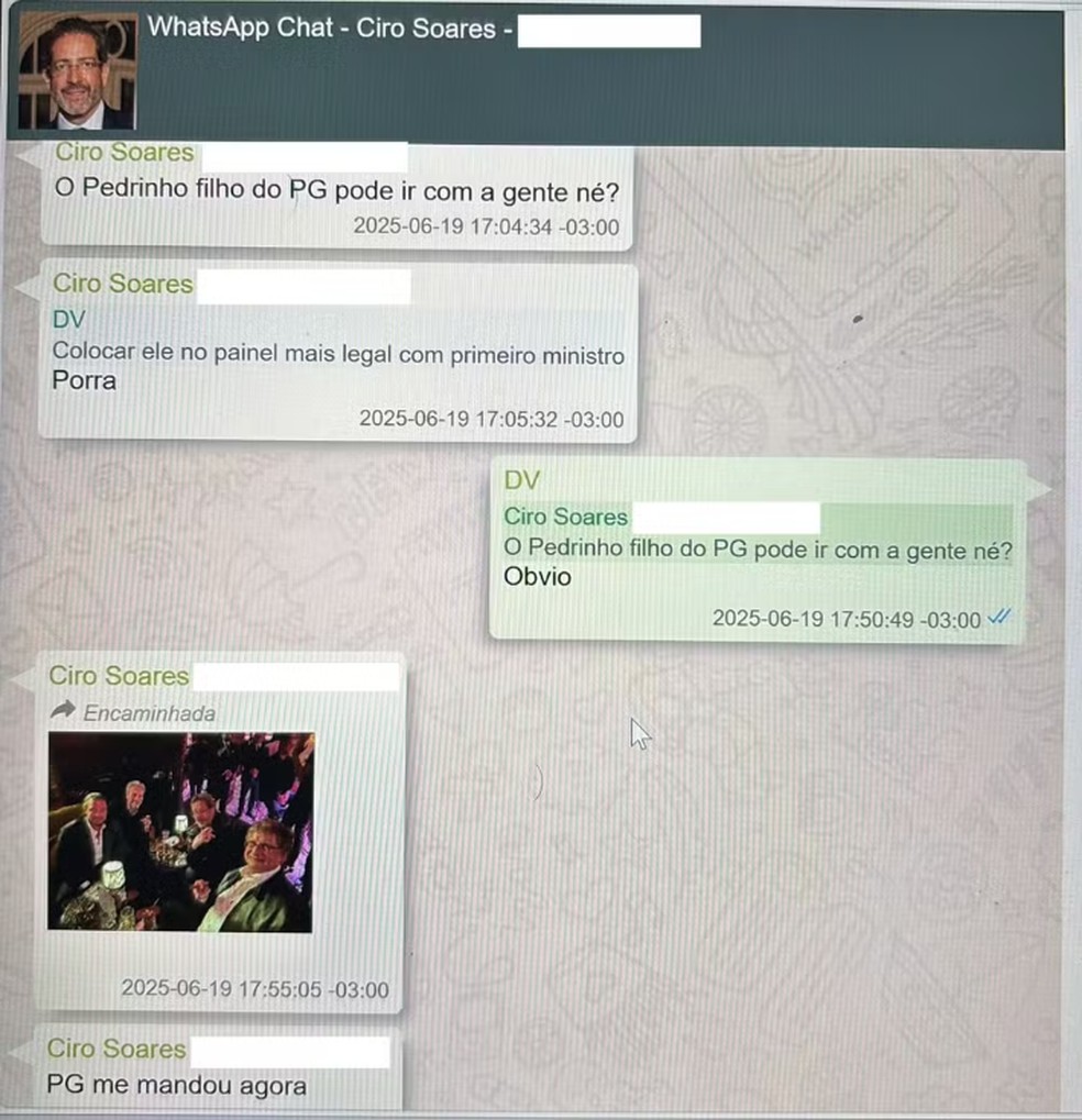 Print mostra envio de foto com Gonet na conversa entre Ciro Soares e Daniel Vorcaro — Foto: Reprodução/Jornal O Globo