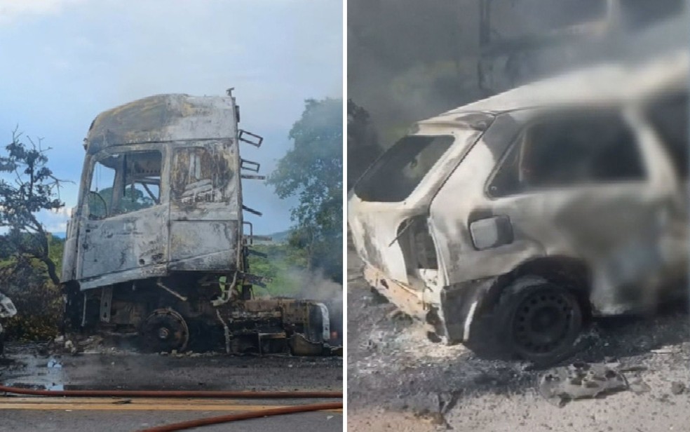 Veículos foram completamente destruídos após acidente em Goiás — Foto: Reprodução/TV Anhanguera