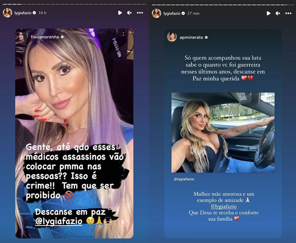 Flávia Noronha e Ana Paula Minerato lamentam morte de Lygia Fazio  — Foto: Reprodução/Instagram