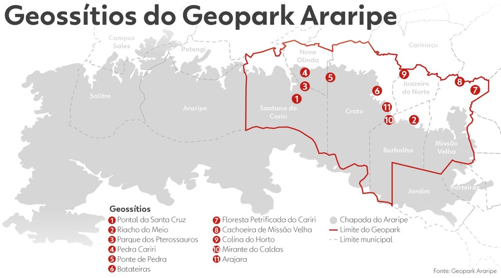 Conheça os geossítios do Geopark Araripe, no Ceará — Foto: Louise Anne Dutra/Arte