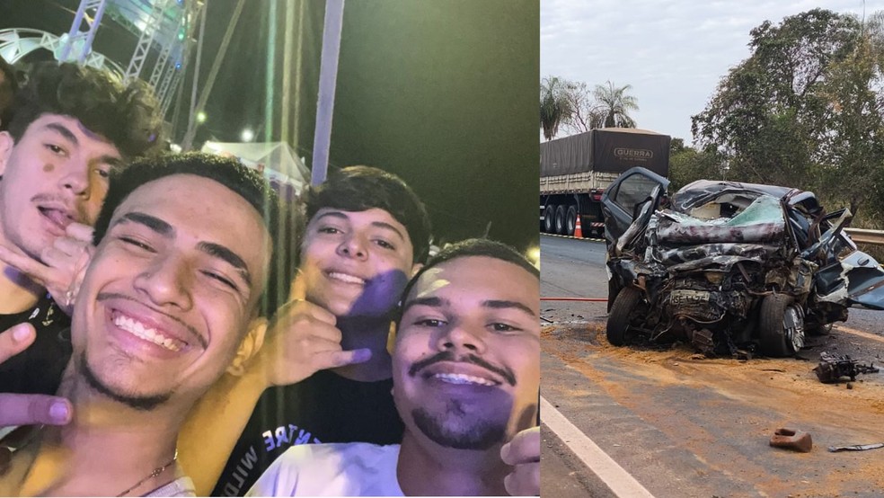 O carro que os jovens estavam ficou completamente destruído. — Foto: Redes sociais e Sidnei Bronka/Reprodução