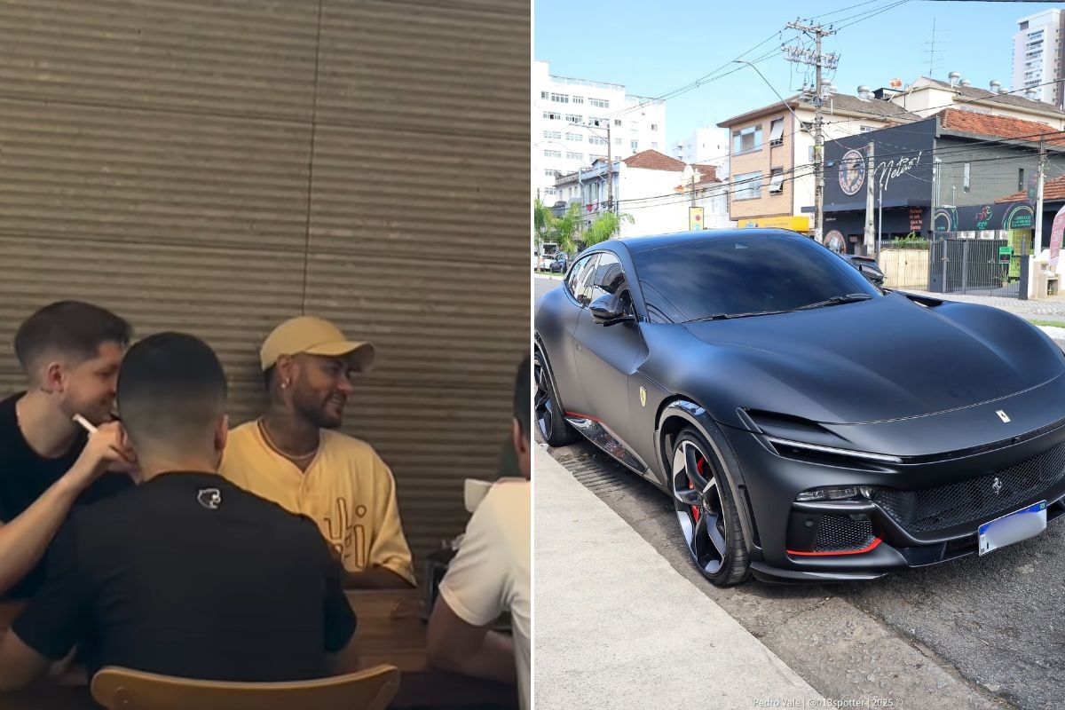 Neymar vai a restaurante com nova Ferrari e reúne fãs no litoral de SP; veja