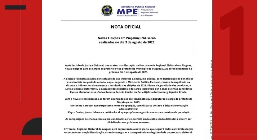 TRE-AL alerta que é falsa 'nota oficial'  sobre novas eleições em Piaçabuçu