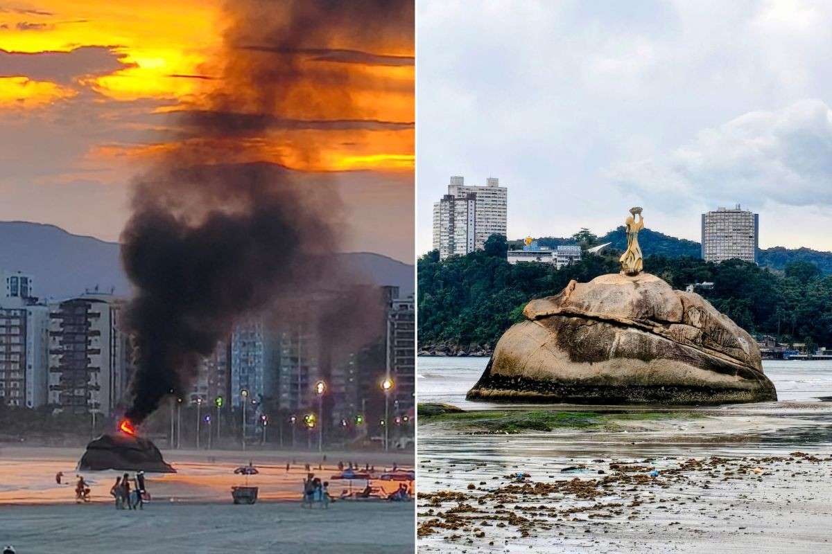 Incêndio consome estátua na Pedra da Feiticeira no litoral de SP; VÍDEO