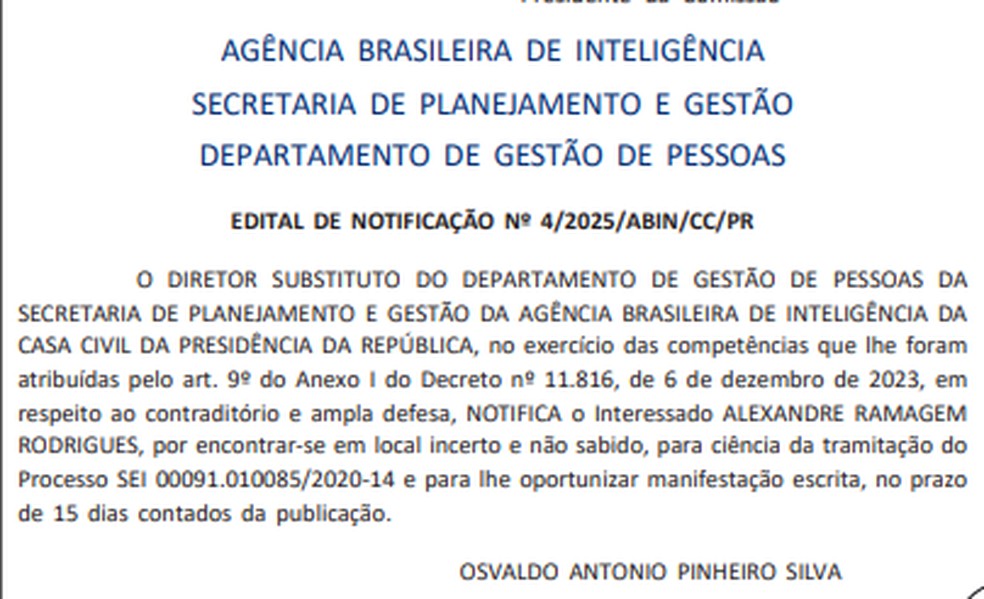 Alexandre Ramagem é notificado sobre processo para devolver R$ 10 mil que lhe foram pagos a mais pela agência. — Foto: Reprodução