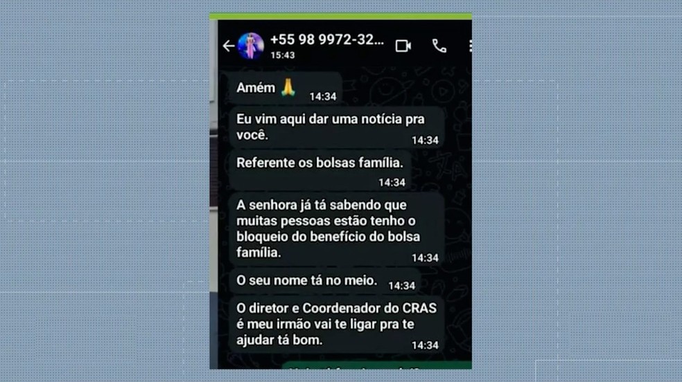 Mensagens de golpistas sobre um falso corte do Bolsa Família no Maranhão — Foto: Reprodução/TV Mirante