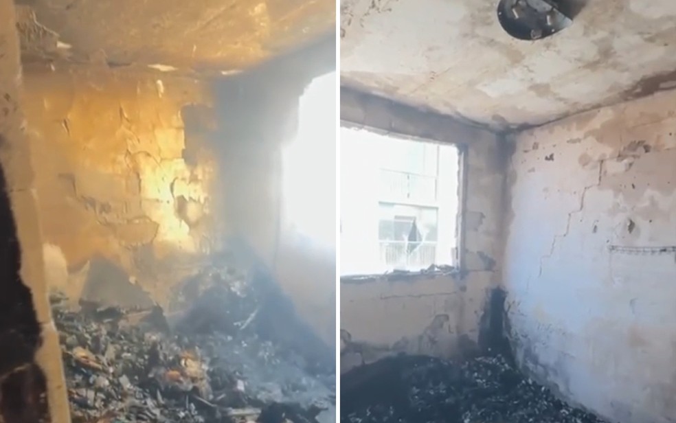 Vídeo mostra destruição no apartamento da família que morreu ao pular do prédio em chamas em Valparaíso de Goiás — Foto: Reprodução/TV Anhanguera