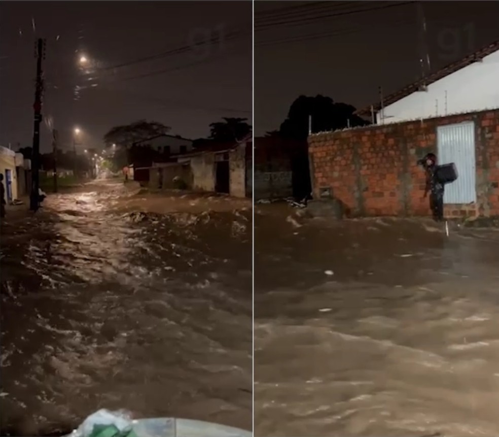 Rua se torna rio durante forte chuva em Teresina — Foto: Reprodução