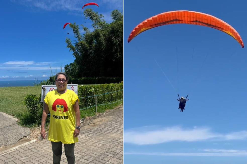 Zulmira trocou a festa de comemoração pelos 70 anos por salto de parapente em São Vicente (SP) — Foto: Klaucia Marcondes e Reprodução