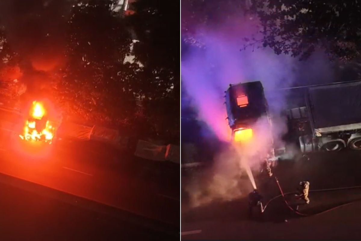 Caminhão carregado com pisos e azulejos pega fogo em rodovia no litoral de SP; VÍDEO