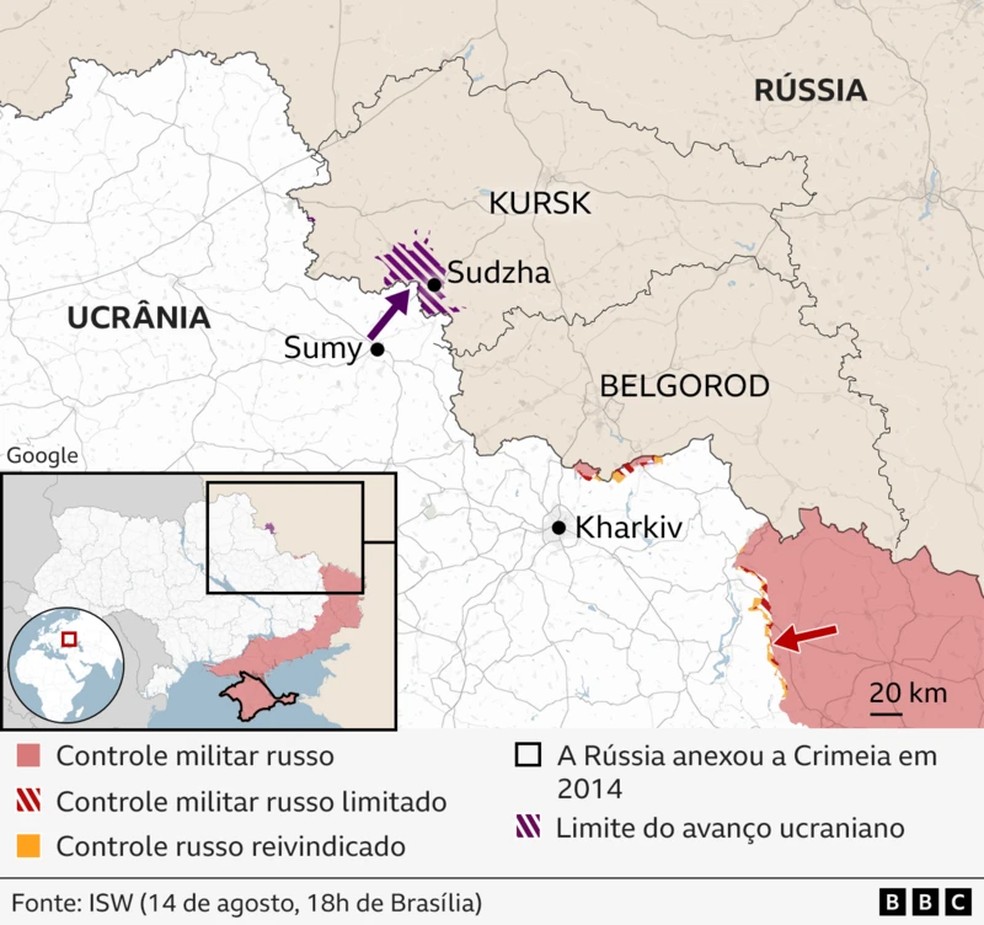 Mapa mostra avanço de tropas ucranianas em território russo. — Foto: BBC