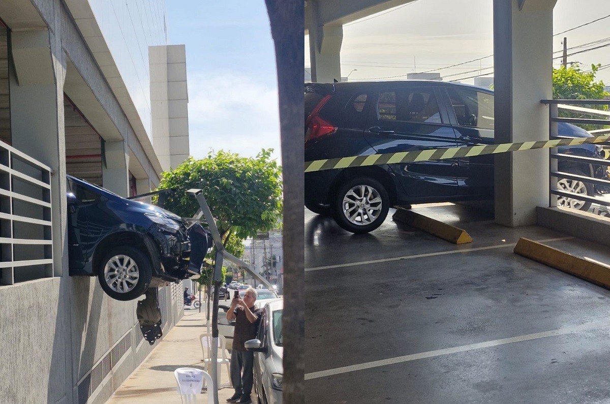 Carro fica pendurado após motorista perder controle em estacionamento de supermercado em Bauru; vídeo