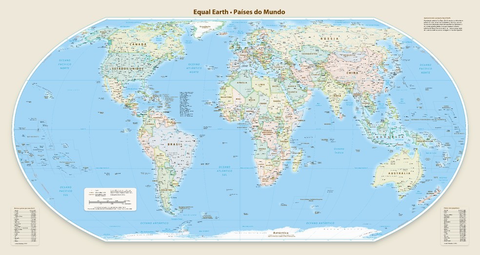 Mapa aprovado pela ONU para representar com melhor proporção a diferença de área entre os países. — Foto: Reproduçãio/equal-earth.com