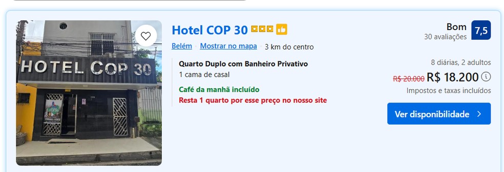Novos valores foram definidos pela administração do hotel. — Foto: Reprodução/Booking